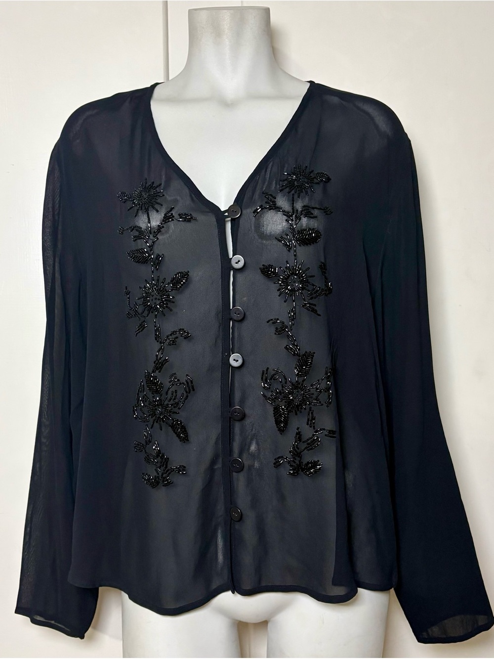 Vintage 90s/Y2K Carole Little Black Sheer Chiffon Beaded Cardigan Top